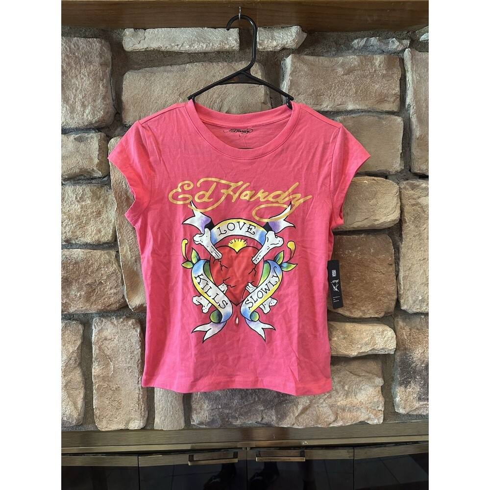 NWT Ed Hardy T Shirt Womens Fitted M/L Pop Pink Gold Love Kills Slowly Heart Y2K